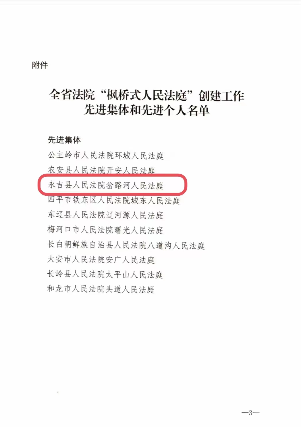 永吉法院岔路河庭荣获全省法院“枫桥式人民